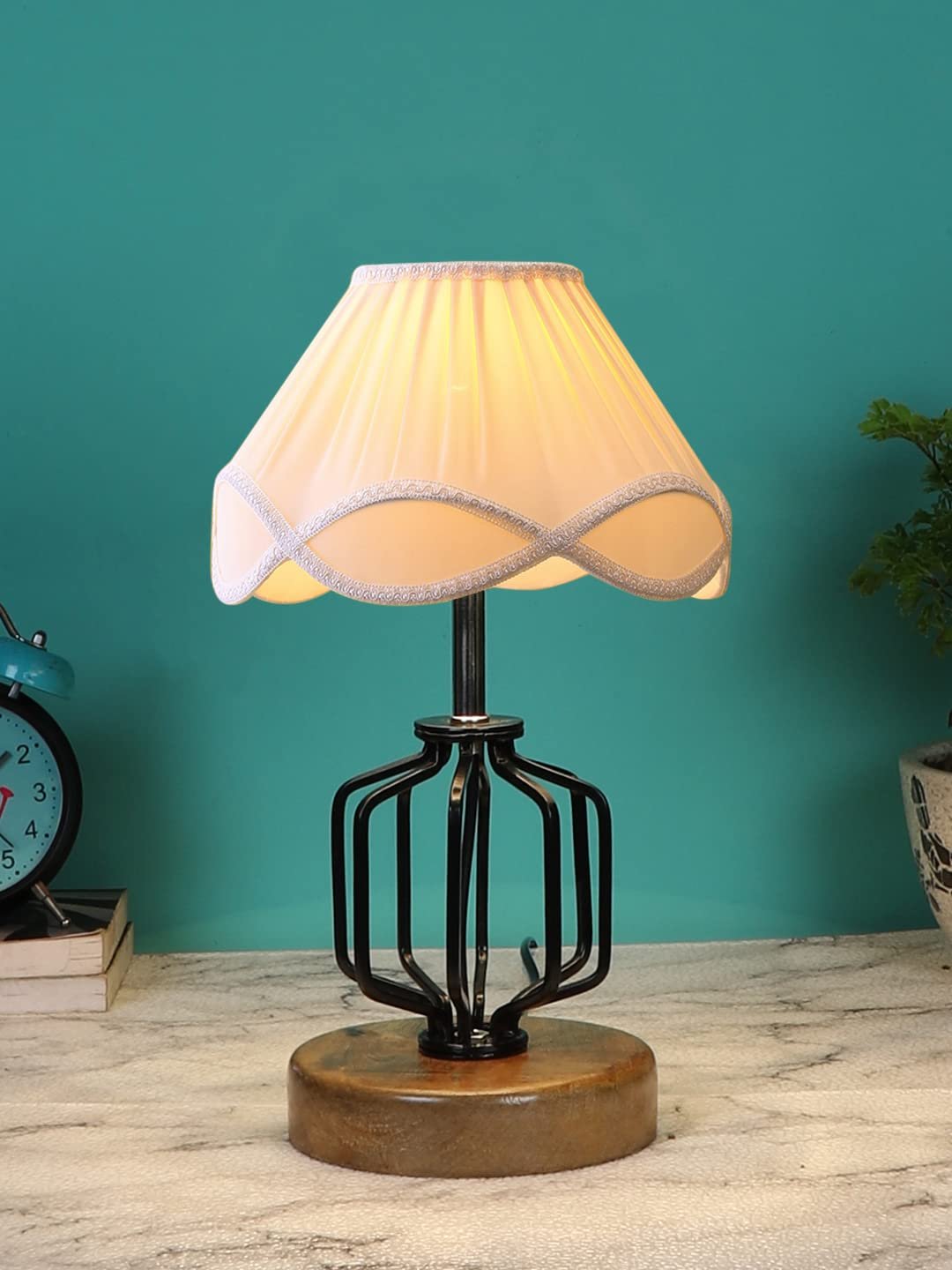Vintage Off-White Shade Table lamp with Wood & Iron Base (118)