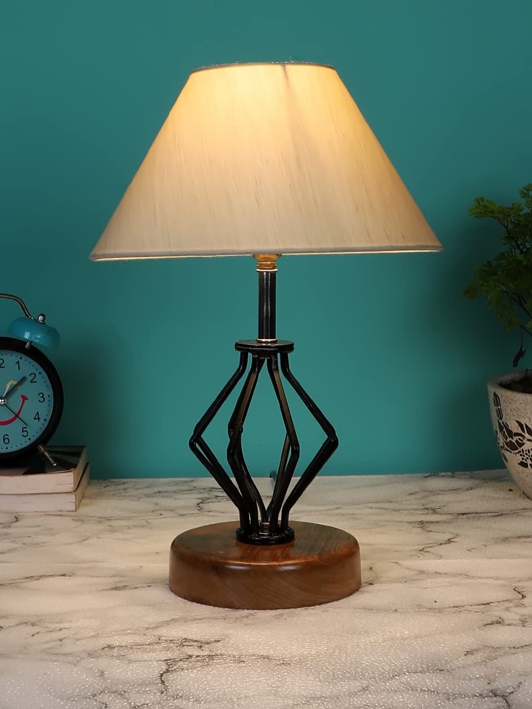 Off-White Cotton Table lamp with Wood & Iron Base