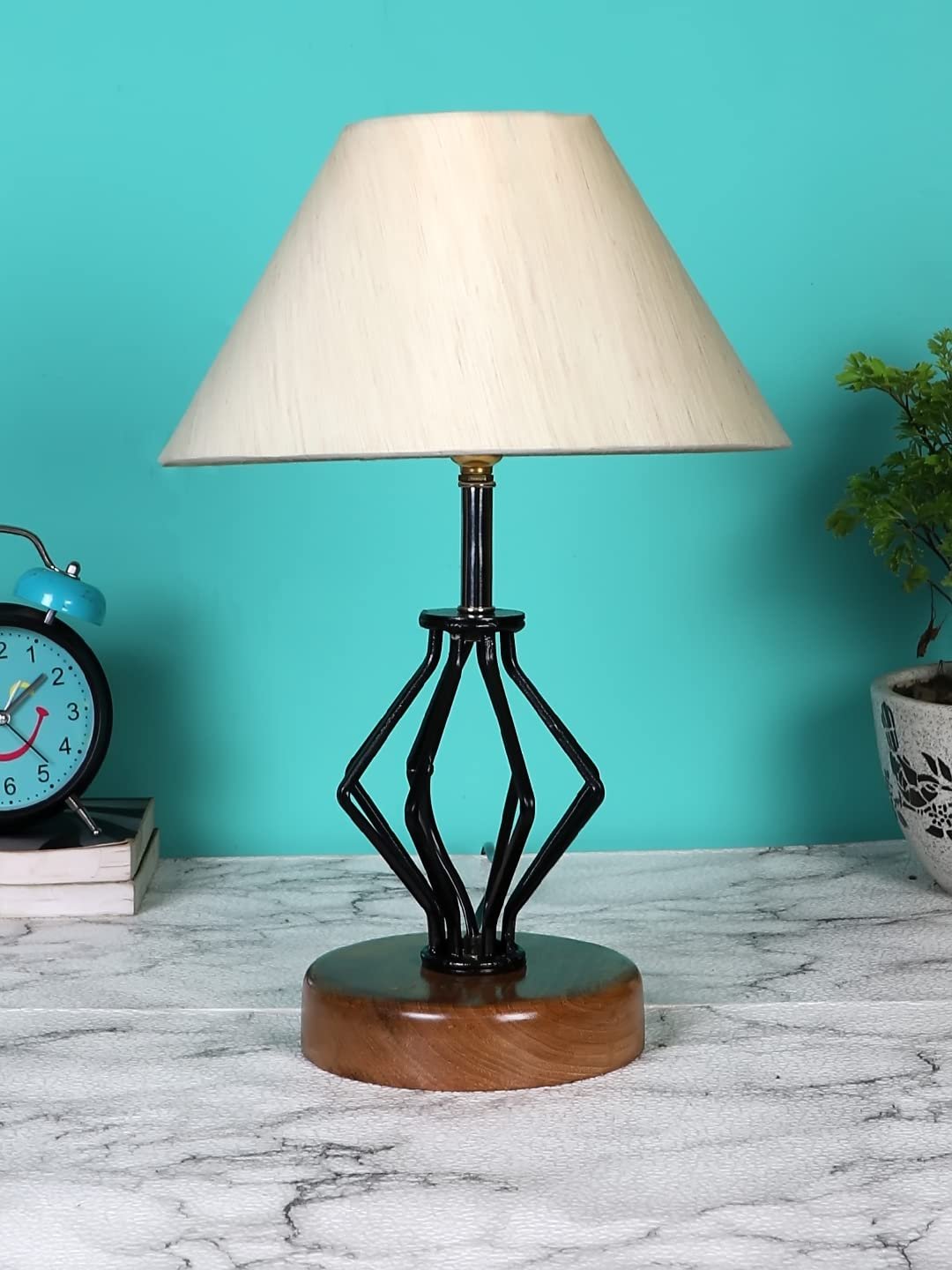 Off-White Cotton Table lamp with Wood & Iron Base