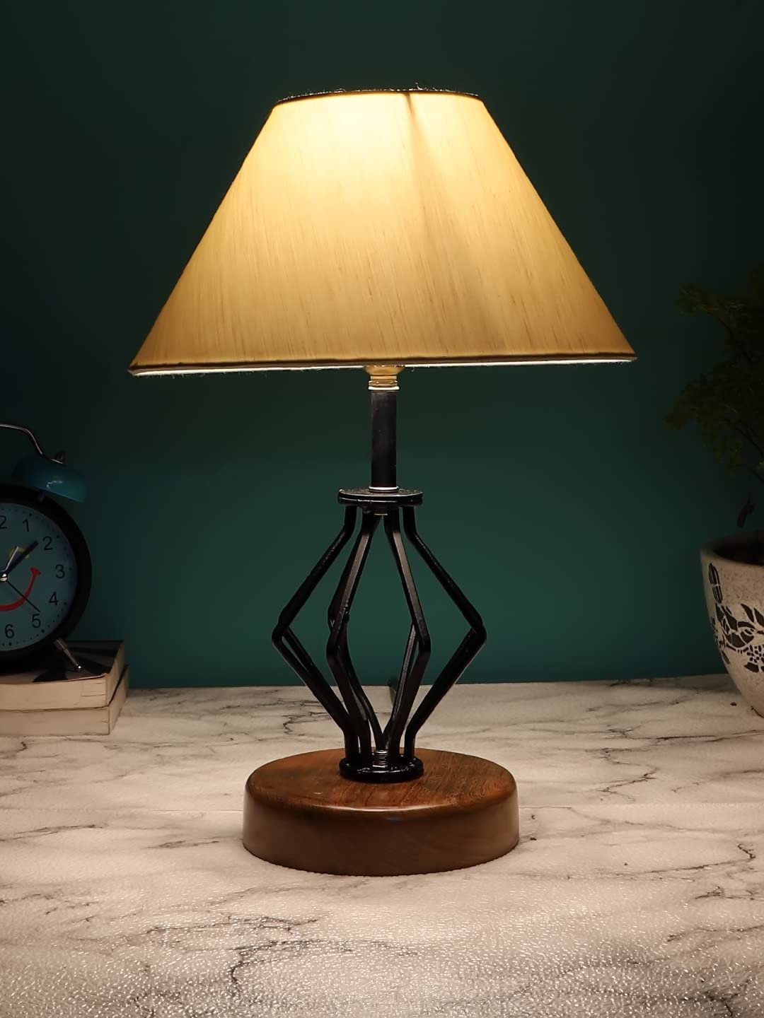 Off-White Cotton Table lamp with Wood & Iron Base
