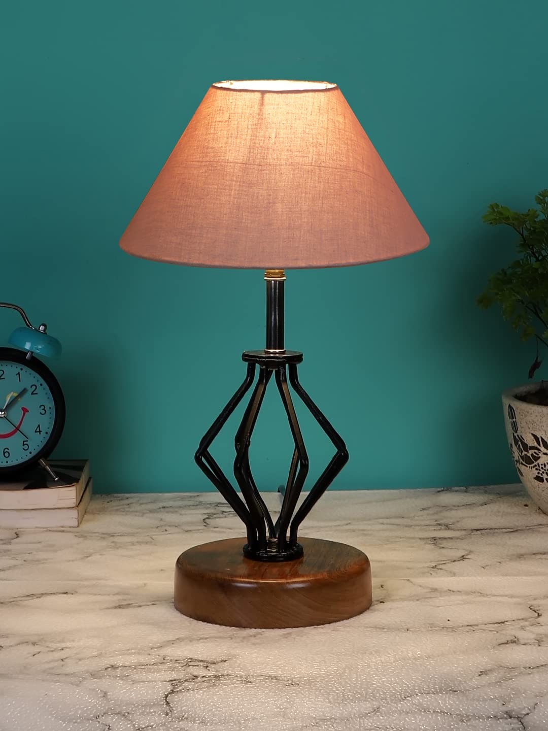 Grey Cotton Table lamp with Wood & Iron Base(142)