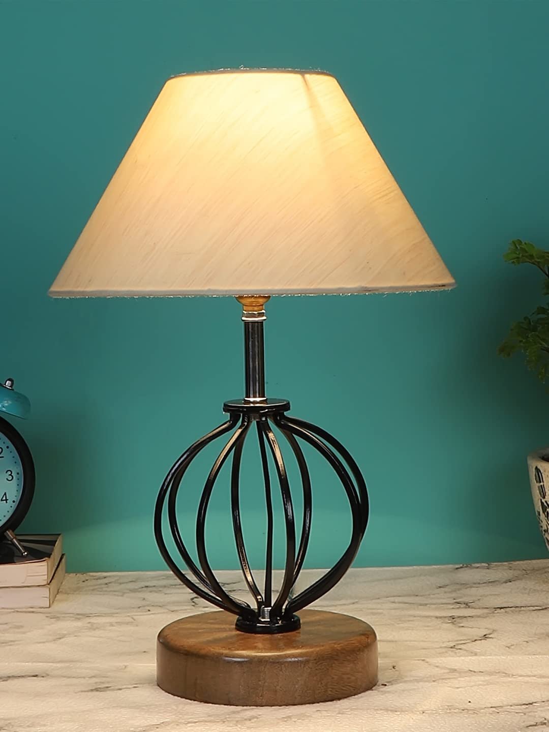 Off-White Cotton Table lamp with Wood & Iron Base(52)