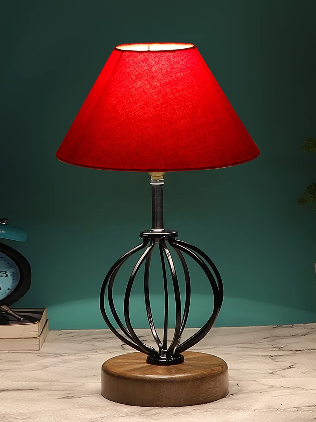 Red Cotton Table lamp with Wood & Iron Base(54)
