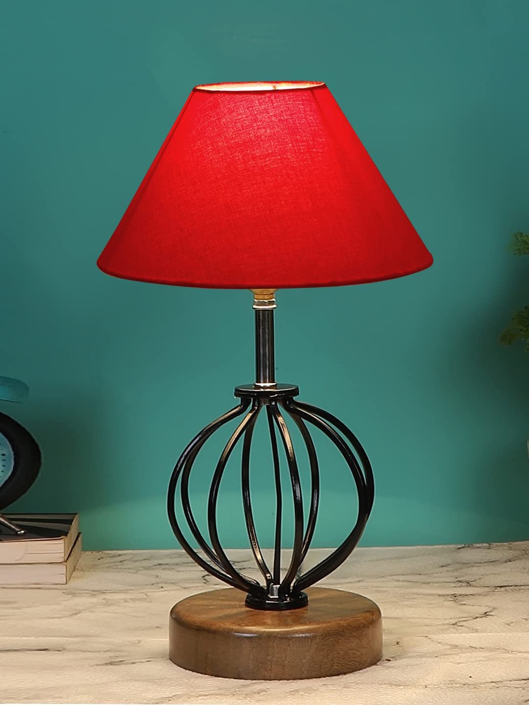 Red Cotton Table lamp with Wood & Iron Base(54)