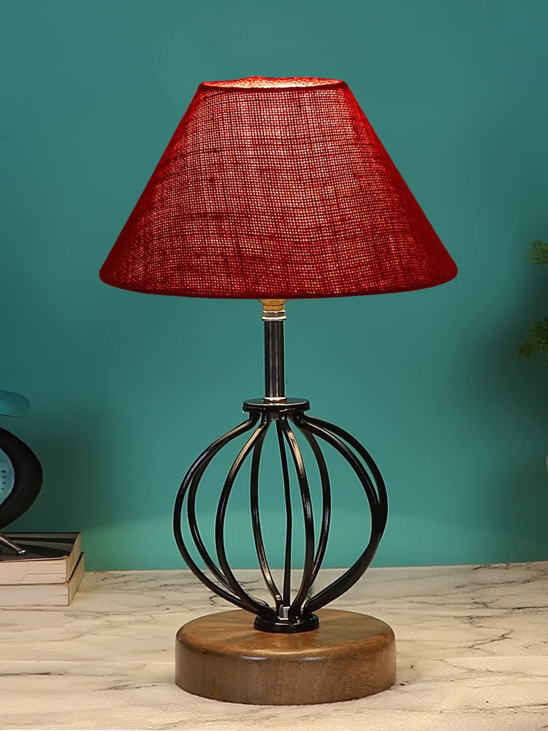 Maroon Jute Table lamp with Wood & Iron Base(61)