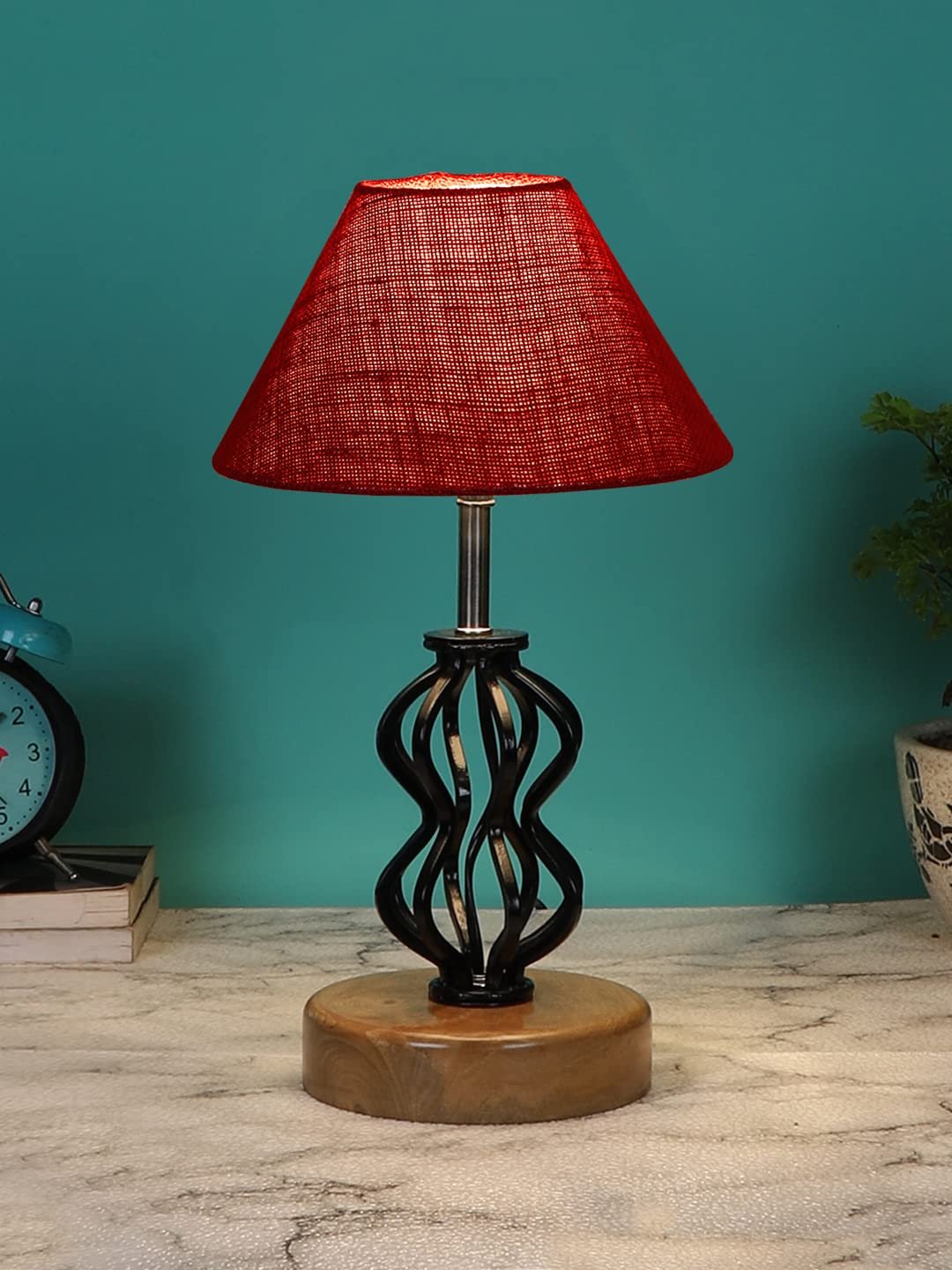 Maroon Jute Table lamp with Wood & Iron Base(78)