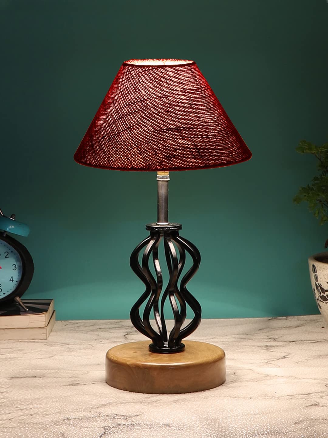 Maroon Jute Table lamp with Wood & Iron Base(78)