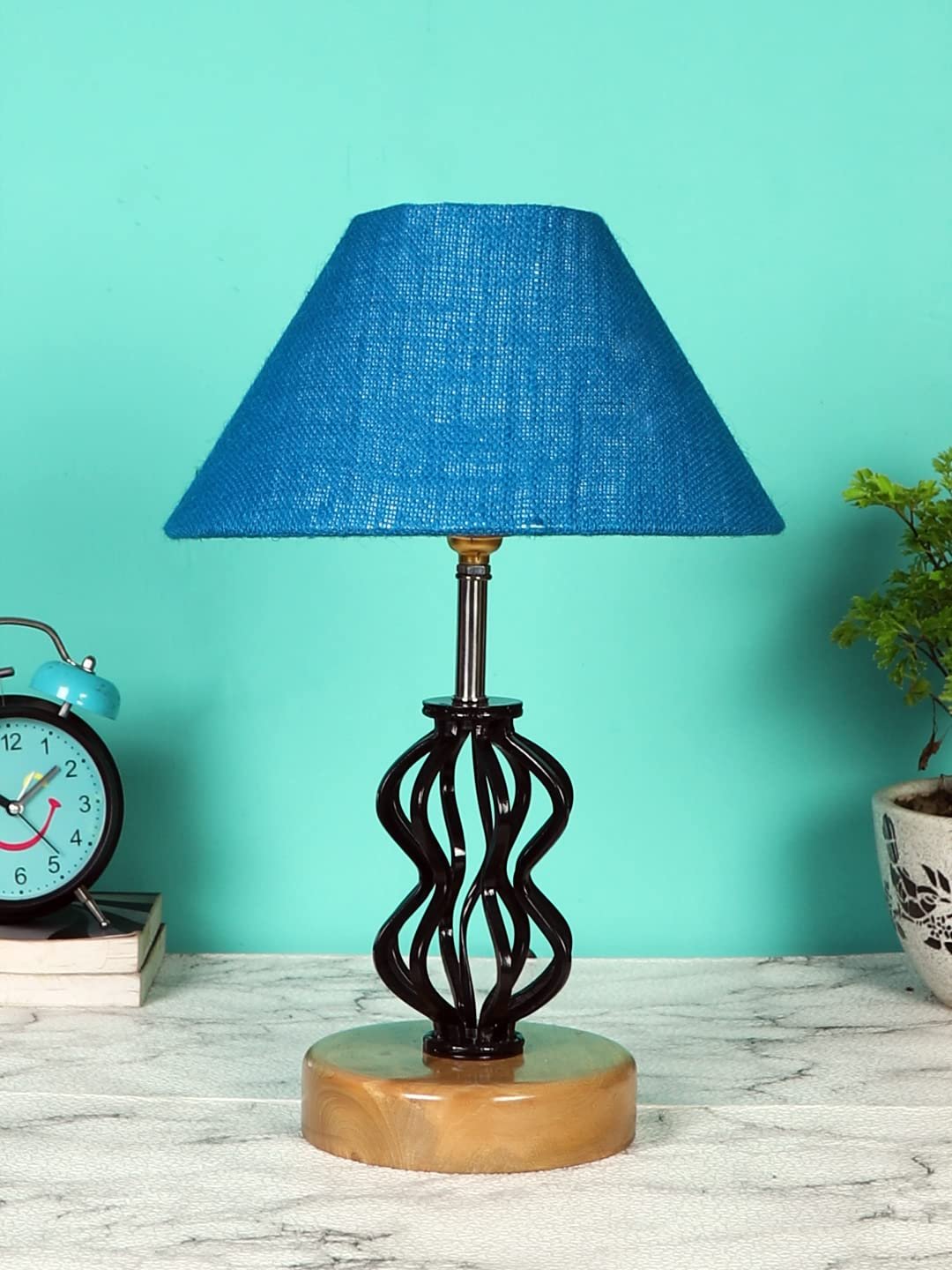 Turquoise Jute Table lamp with Wood & Iron Base(80)