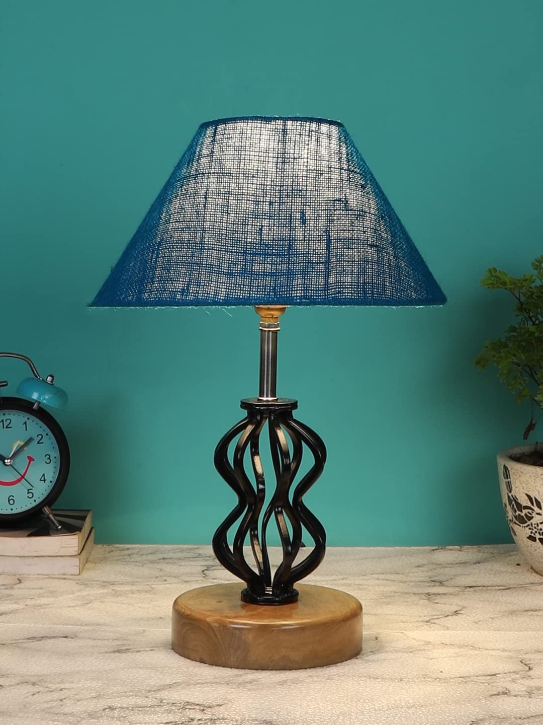 Turquoise Jute Table lamp with Wood & Iron Base(80)
