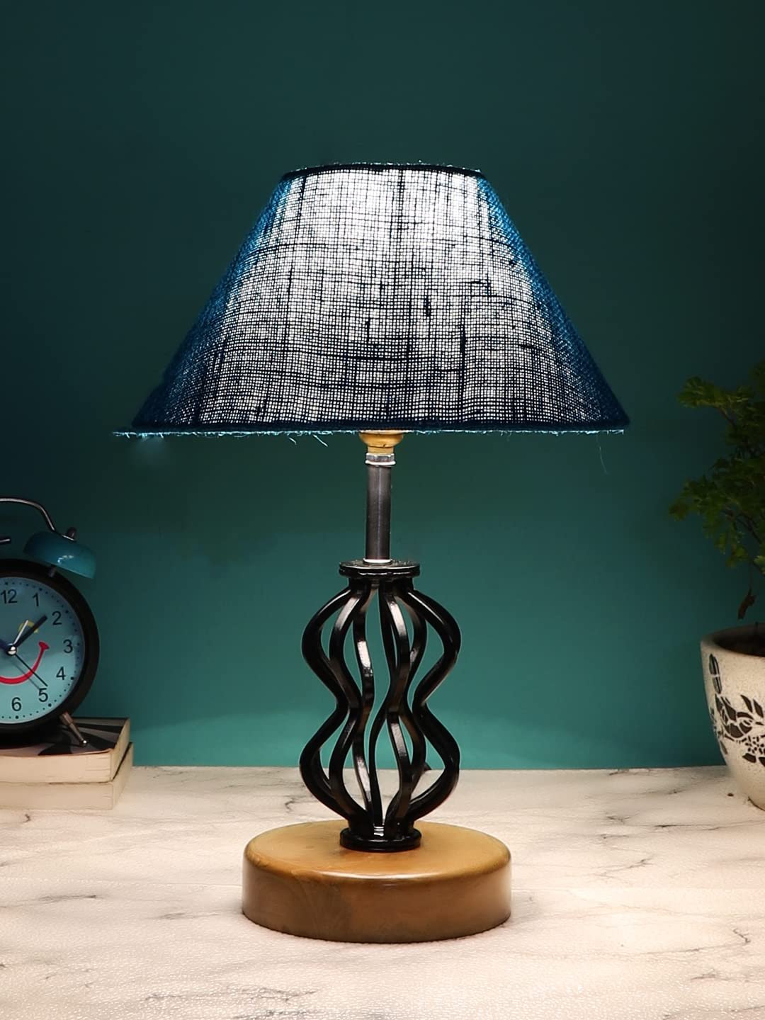 Turquoise Jute Table lamp with Wood & Iron Base(80)