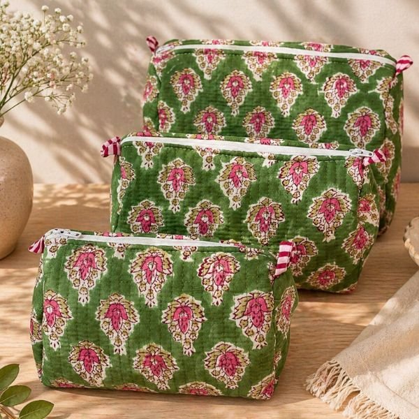 Hand Printed 3-in-1 Quilted Travel Pouch Set