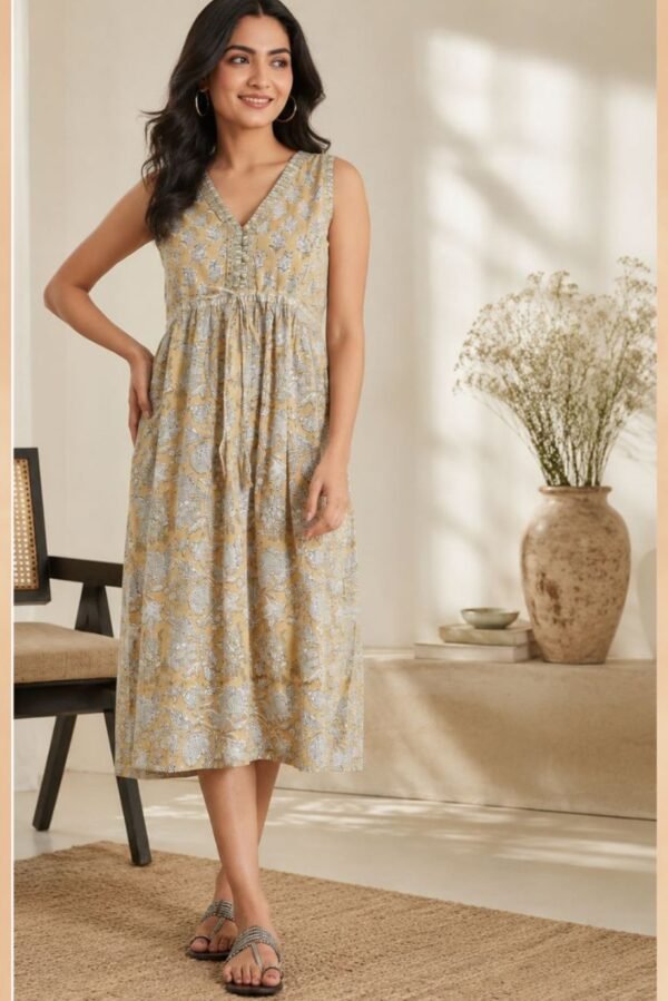 LATA PRINTED DRESS-WITHOUT SLEEVES WITH WAIST GATHERS