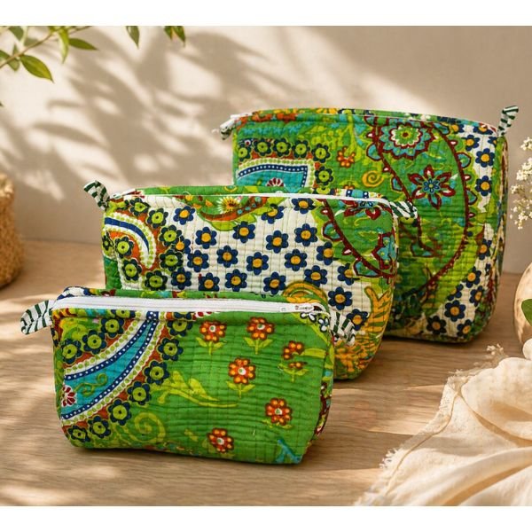 Hand Printed 3-in-1 Quilted Travel Pouch Set
